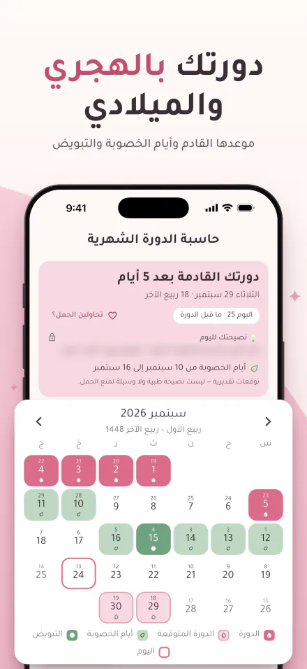 حاسبتي على iPhone: الدورة القادمة بعد 5 أيام، وتقويم يُظهر أيام الدورة والخصوبة والتبويض بالتاريخين الهجري والميلادي