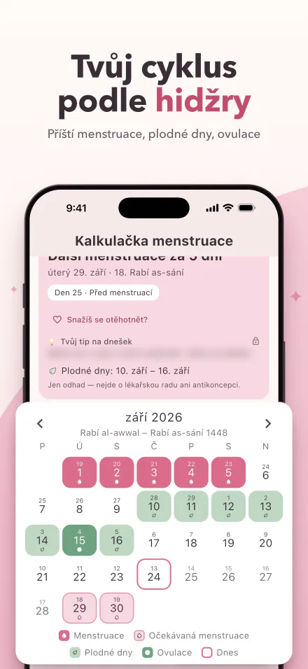 Period Calc na iPhonu: příští menstruace za 5 dní a kalendář s dny menstruace, plodnými dny a dnem ovulace v datech podle hidžry i gregoriánského kalendáře