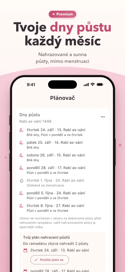 Dny půstu v tomto měsíci s vyznačenými dny, kdy se očekává menstruace