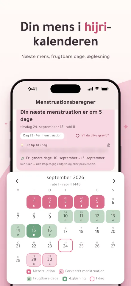 Period Calc på iPhone: næste menstruation om 5 dage og en kalender med menstruationsdage, frugtbare dage og ægløsningsdage i hijri- og gregorianske datoer
