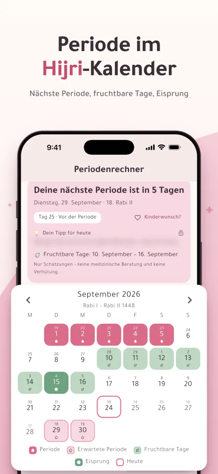 Period Calc auf dem iPhone: die nächste Periode in 5 Tagen und ein Kalender mit Perioden-, fruchtbaren und Eisprungtagen, jeweils mit Hijri- und gregorianischem Datum