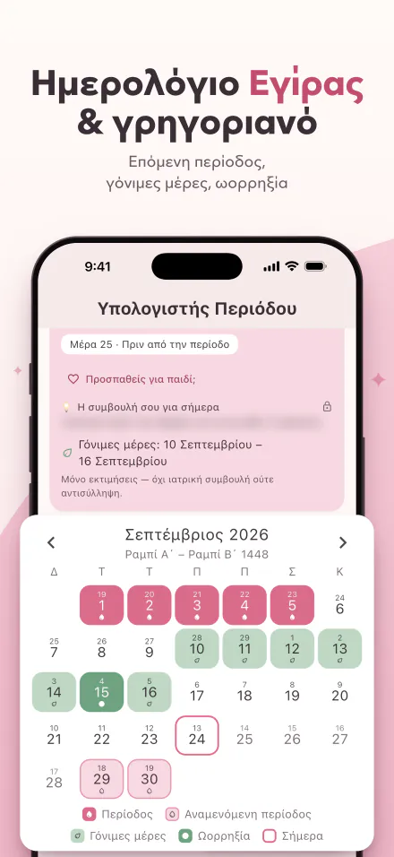 Το Period Calc στο iPhone: η επόμενη περίοδος σε 5 μέρες και ένα ημερολόγιο με μέρες περιόδου, γόνιμες μέρες και ωορρηξία, με ημερομηνίες Εγίρας και γρηγοριανές