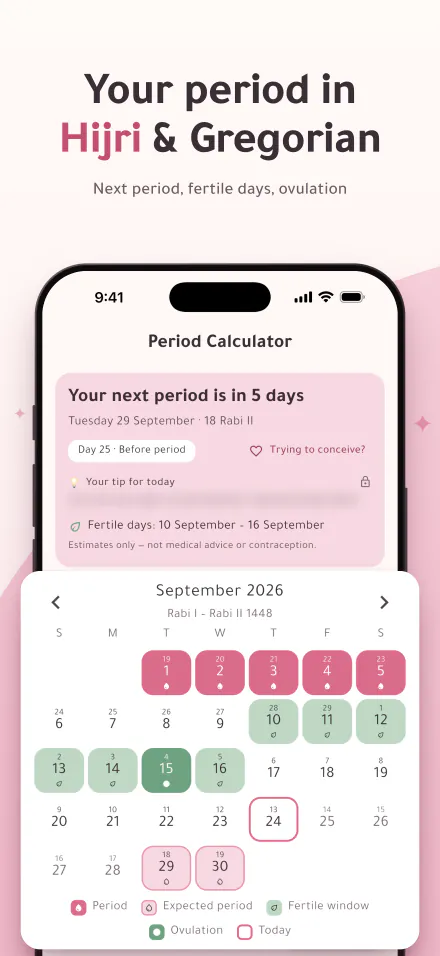 Period Calc on iPhone: the next period in 5 days, and a calendar with period, fertile and ovulation days in Hijri and Gregorian dates