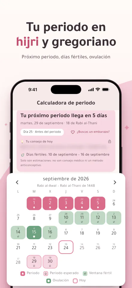 Period Calc en el iPhone: el próximo periodo en 5 días, y un calendario con los días de periodo, los días fértiles y el día de ovulación en fechas de la hégira y gregorianas