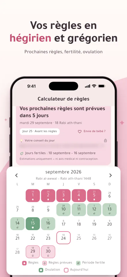 Period Calc sur iPhone : les prochaines règles dans 5 jours, et un calendrier avec les jours de règles, les jours fertiles et le jour d’ovulation en dates hégiriennes et grégoriennes