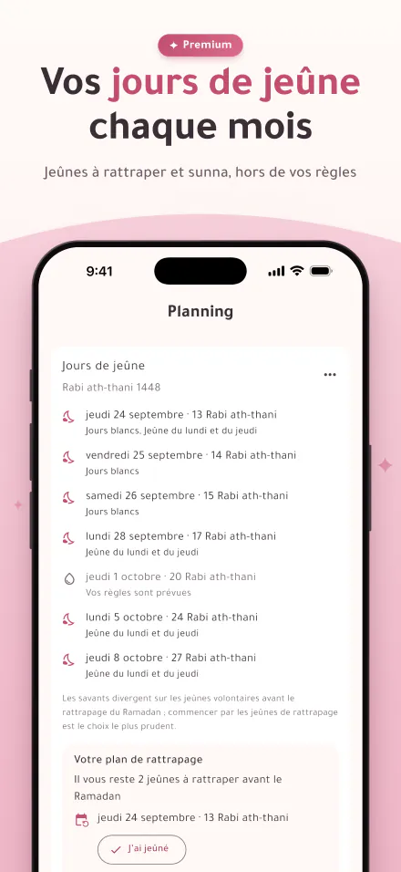 Les jours de jeûne du mois, avec un repère sur les jours où vos règles sont prévues