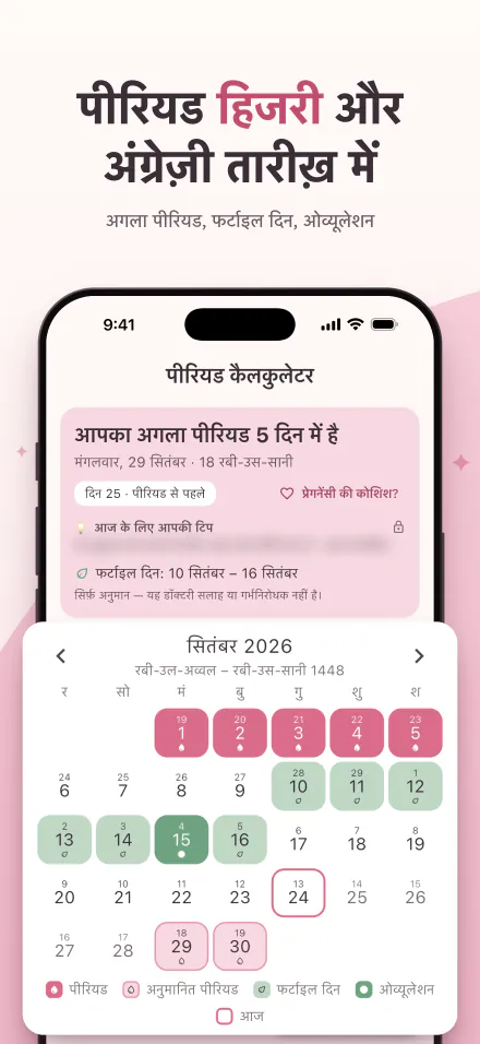 iPhone पर Period Calc: अगला पीरियड 5 दिन में, और हिजरी व ग्रेगोरियन तारीख़ों वाला कैलेंडर, जिसमें पीरियड, फर्टाइल और ओव्यूलेशन के दिन दिख रहे हैं