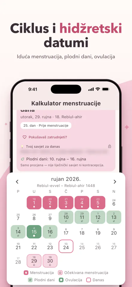 Period Calc na iPhoneu: sljedeća menstruacija za 5 dana i kalendar s danima menstruacije, plodnim danima i ovulacijom, po hidžretskom i gregorijanskom datumu