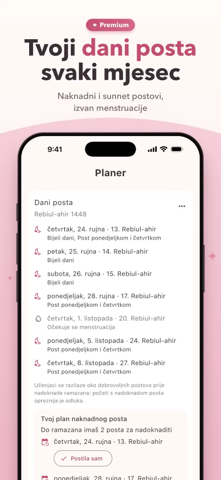 Dani posta ovog mjeseca, s označenim danima kada se očekuje menstruacija