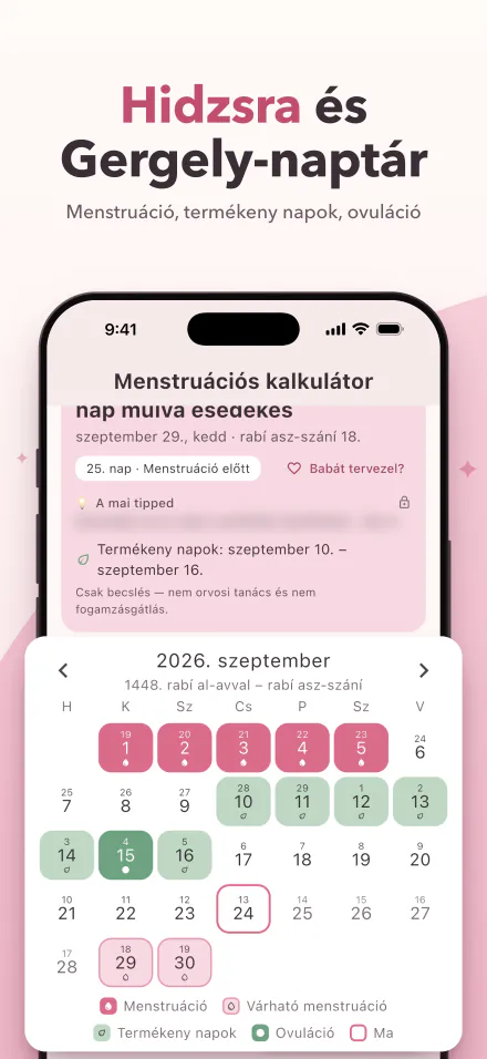 A Period Calc iPhone-on: a következő menstruáció 5 nap múlva, és egy naptár menstruációs, termékeny és ovulációs napokkal, hidzsra és Gergely-naptár szerinti dátumokkal