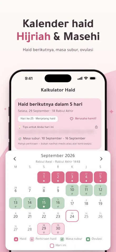 Period Calc di iPhone: haid berikutnya dalam 5 hari, dan kalender dengan hari haid, masa subur, dan ovulasi dalam tanggal Hijriah dan Masehi
