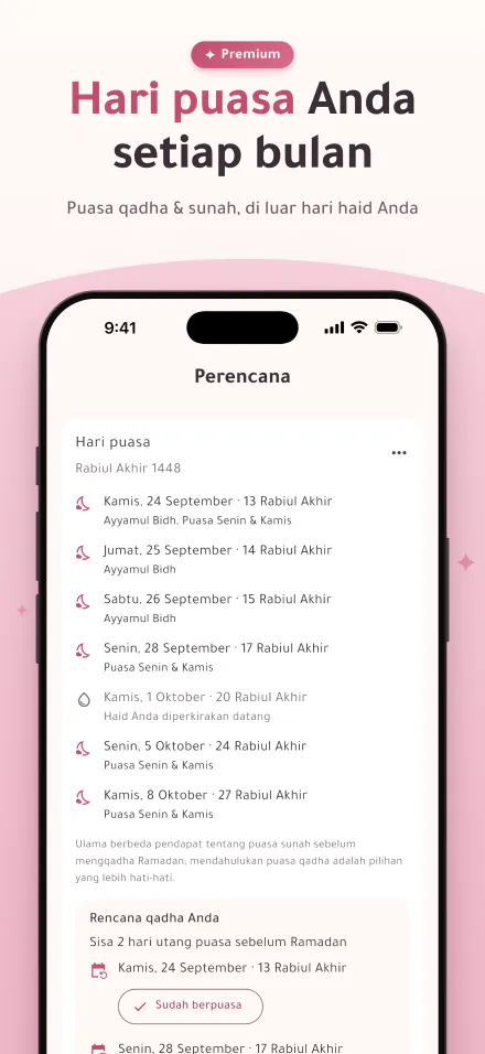 Hari-hari puasa bulan ini, dengan tanda pada hari-hari perkiraan haid