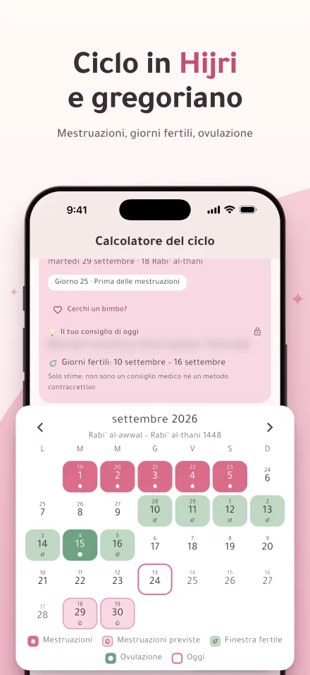 Period Calc su iPhone: le prossime mestruazioni tra 5 giorni e un calendario con i giorni delle mestruazioni, i giorni fertili e il giorno dell’ovulazione in date dell’Egira e gregoriane