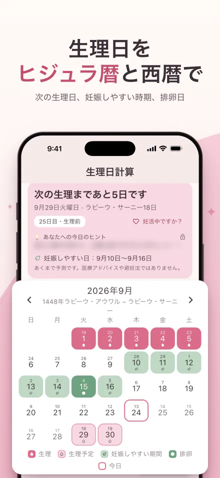 iPhoneのPeriod Calc：次の生理は5日後。生理、妊娠しやすい日、排卵日がヒジュラ暦と西暦の日付で表示されたカレンダー