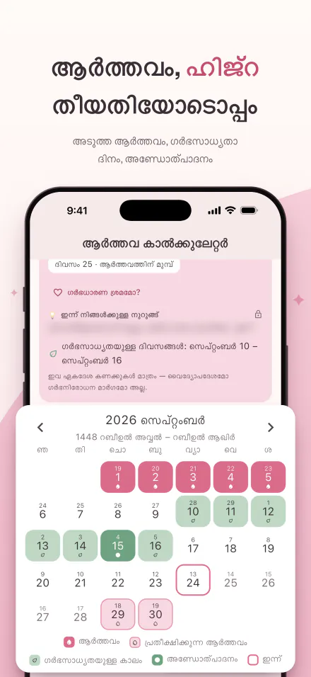 iPhone-ൽ Period Calc: അടുത്ത ആർത്തവം 5 ദിവസം കഴിഞ്ഞ്; ആർത്തവ ദിവസങ്ങൾ, ഗർഭസാധ്യതയുള്ള ദിവസങ്ങൾ, അണ്ഡോത്പാദന ദിവസം എന്നിവ ഹിജ്റ, ഇംഗ്ലീഷ് തീയതികളിൽ കാണിക്കുന്ന കലണ്ടറും