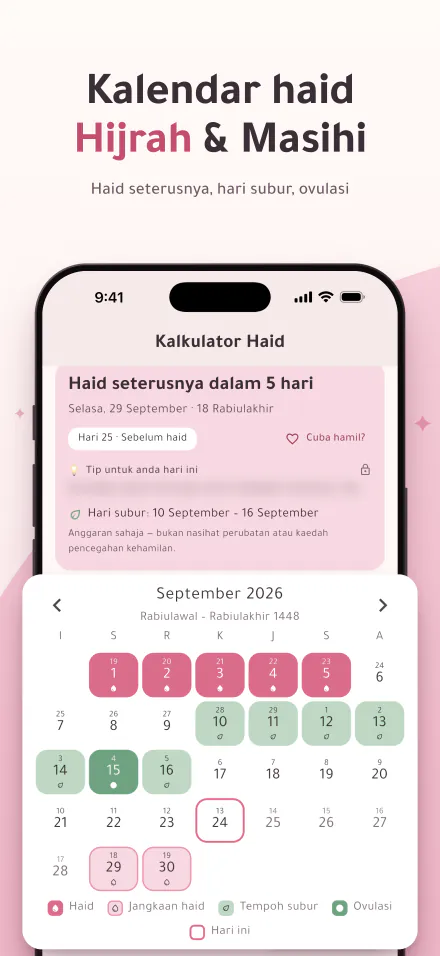 Period Calc pada iPhone: haid seterusnya dalam 5 hari, dan kalendar dengan hari haid, hari subur dan ovulasi dalam tarikh Hijrah dan Masihi
