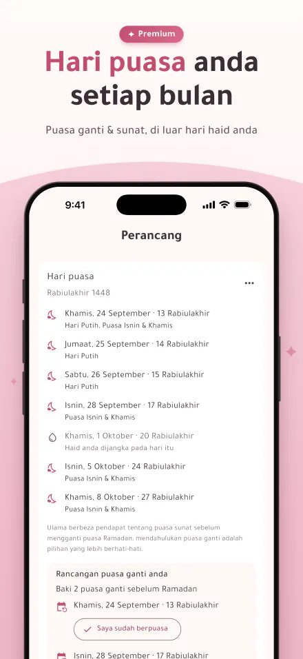 Hari-hari puasa bulan ini, dengan tanda pada hari jangkaan haid