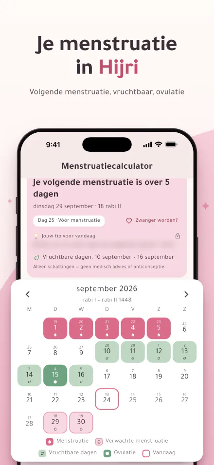 Period Calc op iPhone: de volgende menstruatie over 5 dagen en een kalender met menstruatie-, vruchtbare en ovulatiedagen in Hijri- en Gregoriaanse datums