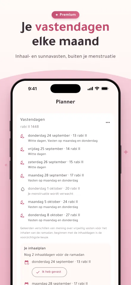 De vastendagen van deze maand, met de dagen waarop je menstruatie wordt verwacht gemarkeerd