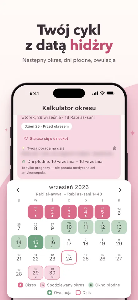 Period Calc na iPhonie: następny okres za 5 dni i kalendarz z dniami okresu, dniami płodnymi i dniem owulacji w datach według hidżry i gregoriańskich