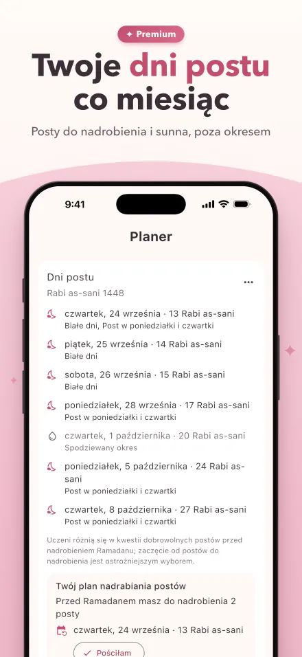 Dni postu w tym miesiącu z zaznaczonymi dniami spodziewanego okresu
