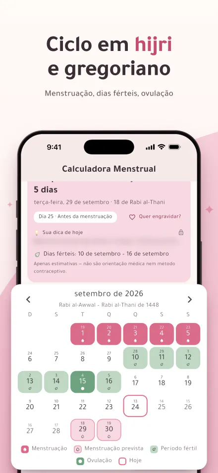 O Period Calc no iPhone: a próxima menstruação em 5 dias e um calendário com os dias de menstruação, os dias férteis e o dia da ovulação em datas da Hégira e gregorianas