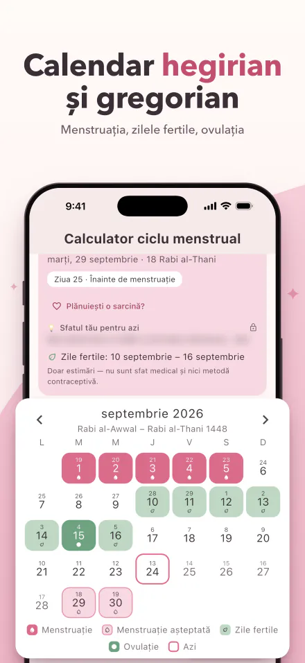Period Calc pe iPhone: următoarea menstruație peste 5 zile și un calendar cu zilele menstruației, zilele fertile și ovulația, în date hegiriene și gregoriene