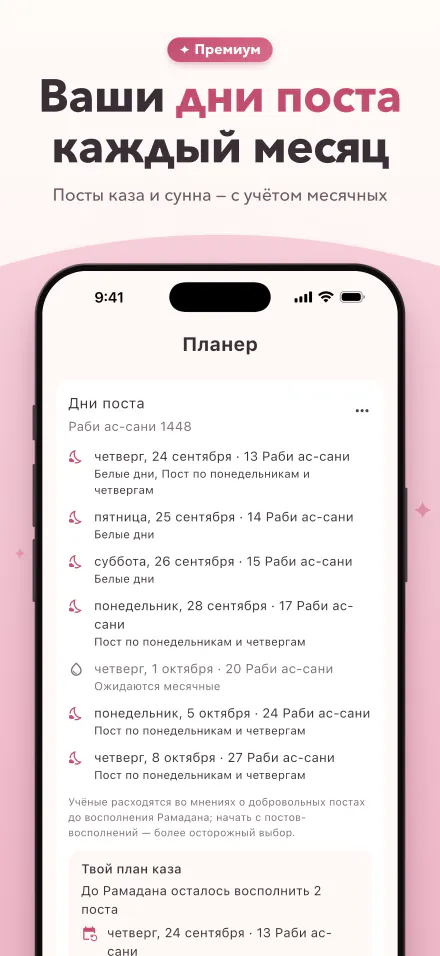 Дни поста в этом месяце с отметкой дней, когда ожидаются месячные