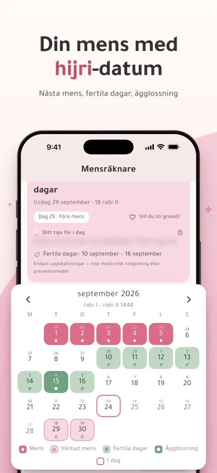 Period Calc på iPhone: nästa mens om 5 dagar och en kalender med mensdagar, fertila dagar och ägglossningsdagar i hijri- och gregorianska datum