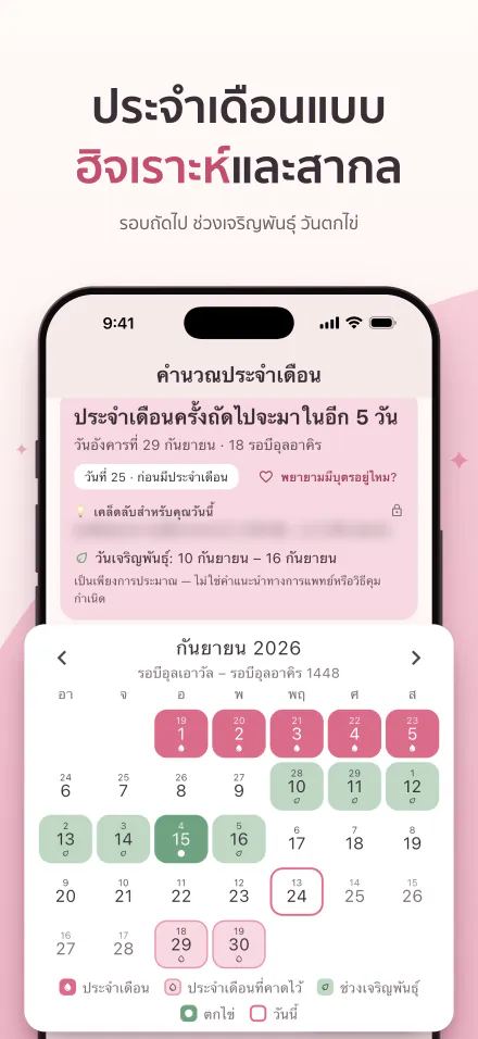 Period Calc บน iPhone: ประจำเดือนครั้งถัดไปในอีก 5 วัน และปฏิทินที่มีวันประจำเดือน ช่วงเจริญพันธุ์ และวันตกไข่ ทั้งแบบฮิจเราะห์และสากล