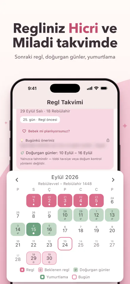 iPhone'da Period Calc: 5 gün sonra başlayacak bir sonraki regl ve regl, doğurgan ve yumurtlama günlerini Hicri ve Miladi tarihlerle gösteren bir takvim