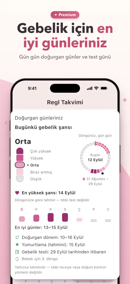 Beş seviyeli bir göstergede bugünkü gebelik şansı ve gebelik için en iyi günler