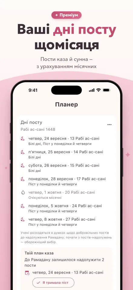 Дні посту цього місяця з позначкою днів, коли очікуються місячні