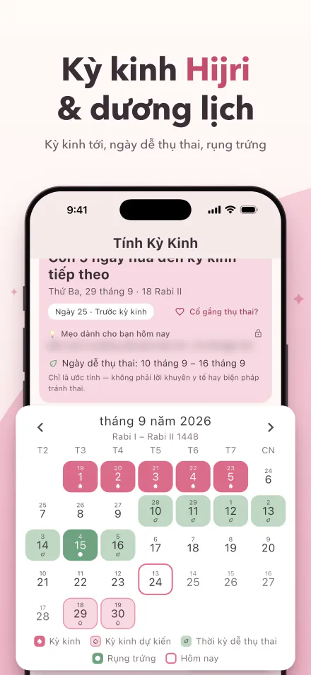Period Calc trên iPhone: kỳ kinh tiếp theo sau 5 ngày, và lịch có ngày hành kinh, ngày dễ thụ thai và ngày rụng trứng theo lịch Hijri và dương lịch