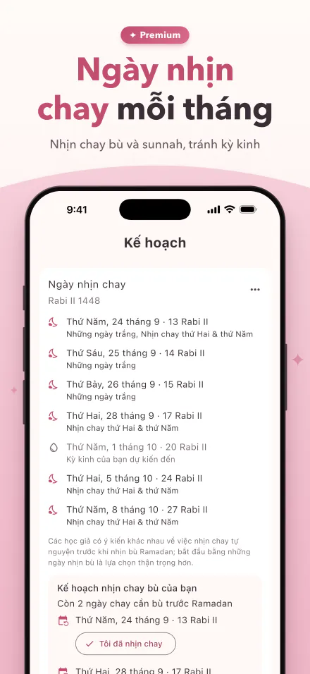 Các ngày nhịn chay trong tháng này, có đánh dấu những ngày dự kiến có kinh
