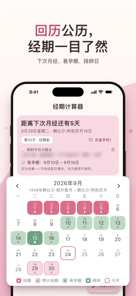 iPhone 上的 Period Calc：下次月经在5天后，日历上用回历和公历日期标出经期、易孕期和排卵日