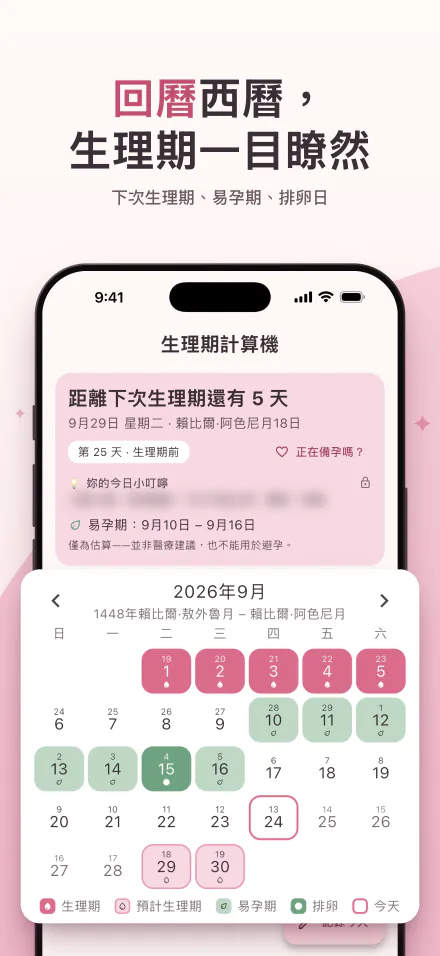 iPhone 上的 Period Calc：下次生理期在 5 天後，日曆上以伊斯蘭曆與西曆日期標出生理期、易孕期與排卵日